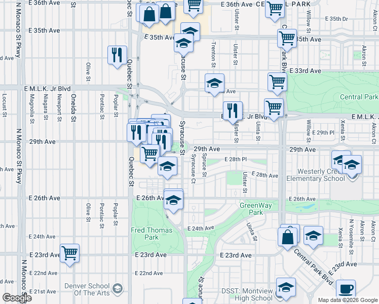 map of restaurants, bars, coffee shops, grocery stores, and more near 2874 Syracuse Court in Denver