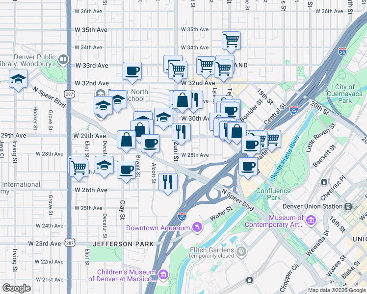 map of restaurants, bars, coffee shops, grocery stores, and more near 2826 Zuni Street in Denver