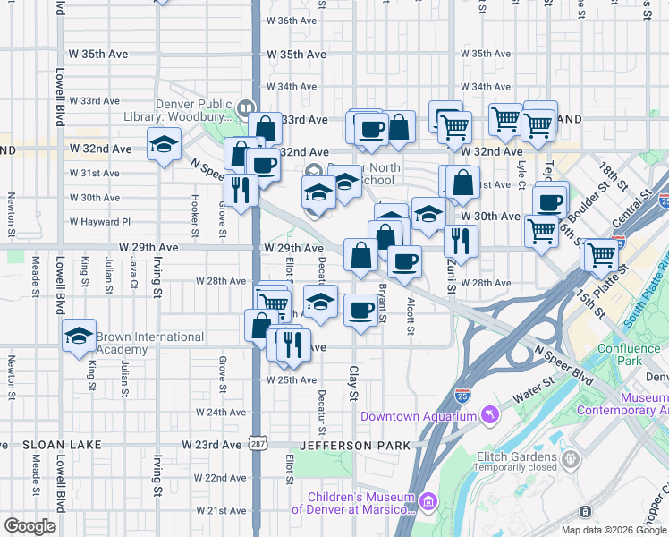 map of restaurants, bars, coffee shops, grocery stores, and more near 2719 West 28th Avenue in Denver