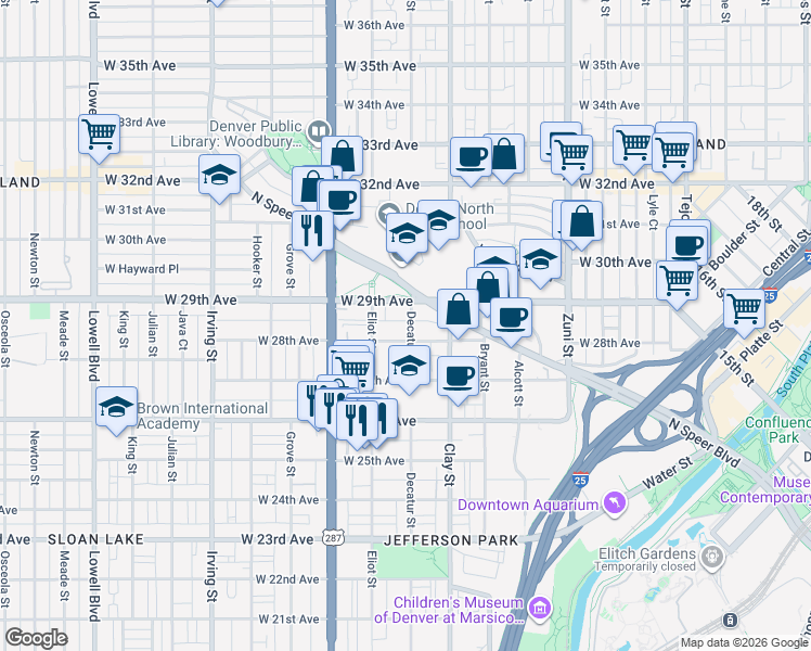 map of restaurants, bars, coffee shops, grocery stores, and more near 2811 West 28th Avenue in Denver