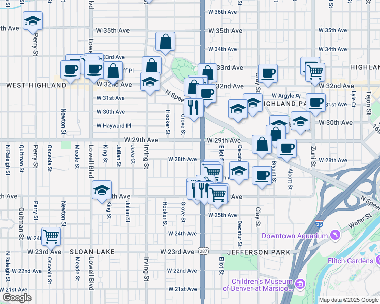 map of restaurants, bars, coffee shops, grocery stores, and more near 3115 West 28th Avenue in Denver