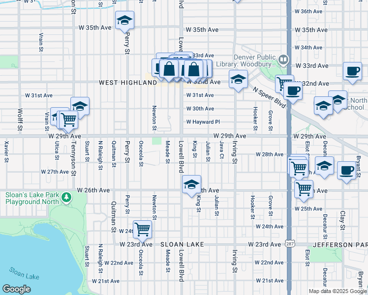map of restaurants, bars, coffee shops, grocery stores, and more near 2754 Lowell Boulevard in Denver