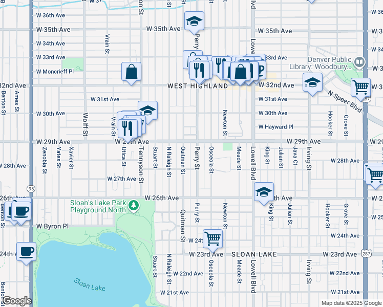 map of restaurants, bars, coffee shops, grocery stores, and more near 2811 Quitman Street in Denver