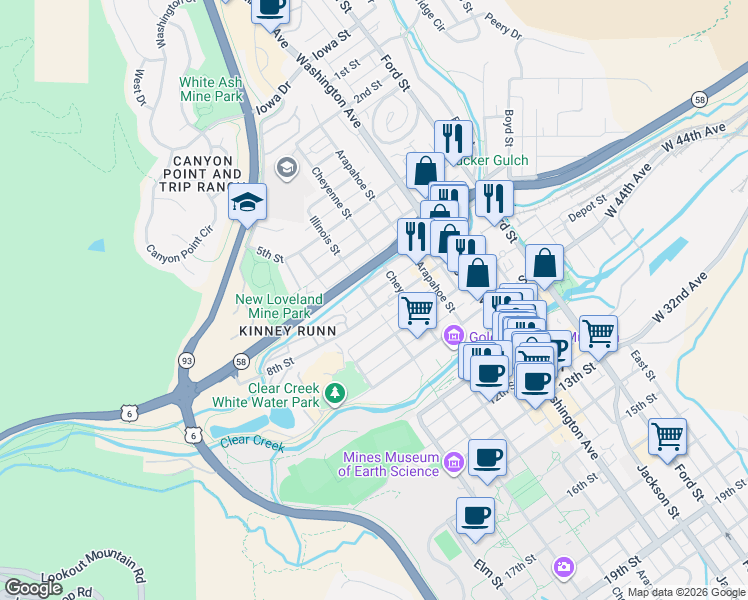 map of restaurants, bars, coffee shops, grocery stores, and more near 717 1/2 Illinois Street in Golden