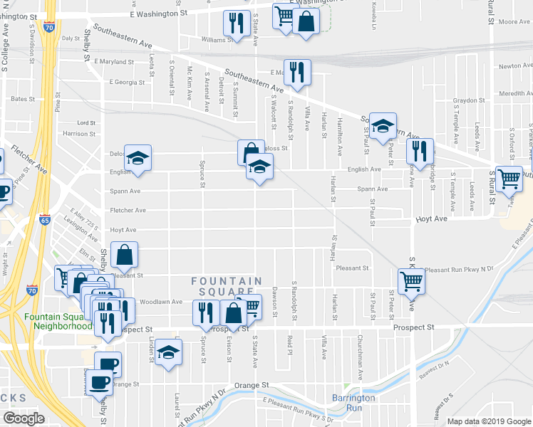 map of restaurants, bars, coffee shops, grocery stores, and more near 1719 Fletcher Avenue in Indianapolis