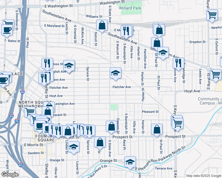 map of restaurants, bars, coffee shops, grocery stores, and more near 1719 Fletcher Avenue in Indianapolis