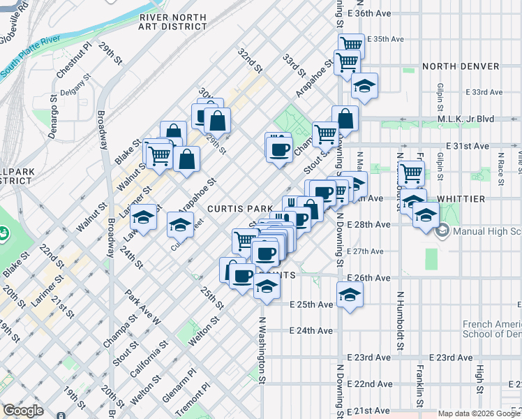 map of restaurants, bars, coffee shops, grocery stores, and more near 2828 Stout Street in Denver
