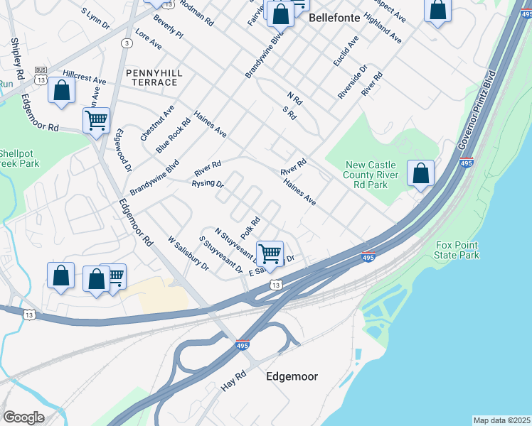 map of restaurants, bars, coffee shops, grocery stores, and more near 44 North Rodney Drive in Wilmington