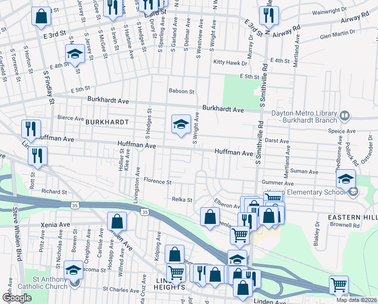 map of restaurants, bars, coffee shops, grocery stores, and more near 1368 Huffman Avenue in Dayton