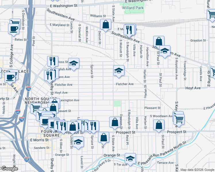 map of restaurants, bars, coffee shops, grocery stores, and more near 1623 Fletcher Avenue in Indianapolis