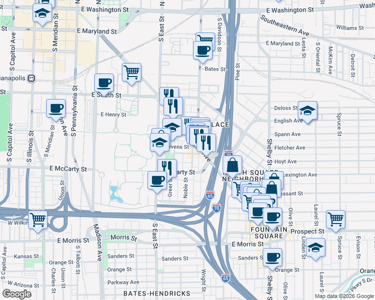 map of restaurants, bars, coffee shops, grocery stores, and more near 629 Stevens Street in Indianapolis