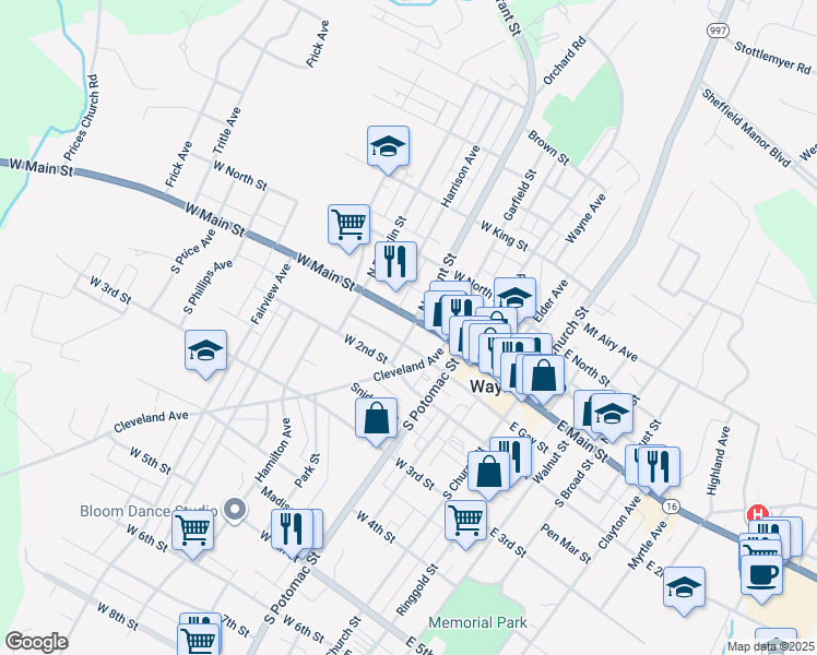 map of restaurants, bars, coffee shops, grocery stores, and more near 204 West Main Street in Waynesboro