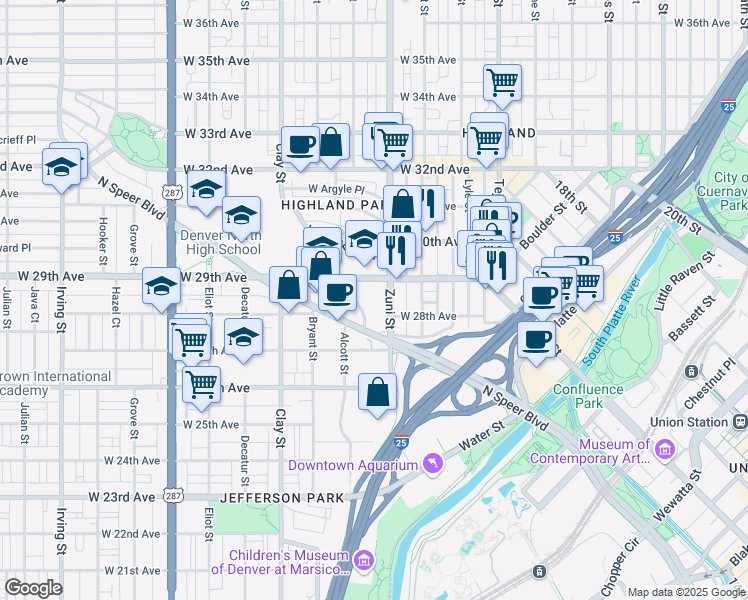 map of restaurants, bars, coffee shops, grocery stores, and more near 2777 Zuni Street in Denver