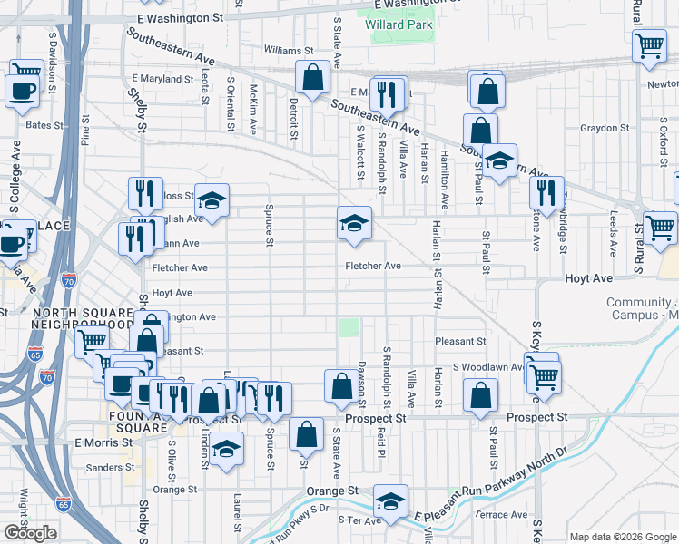 map of restaurants, bars, coffee shops, grocery stores, and more near 1701 Fletcher Avenue in Indianapolis