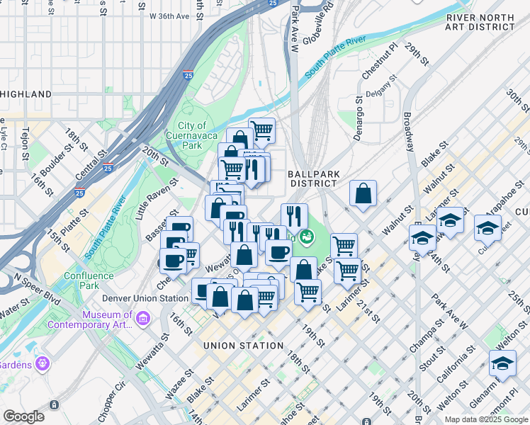 map of restaurants, bars, coffee shops, grocery stores, and more near 2121 Delgany Street in Denver