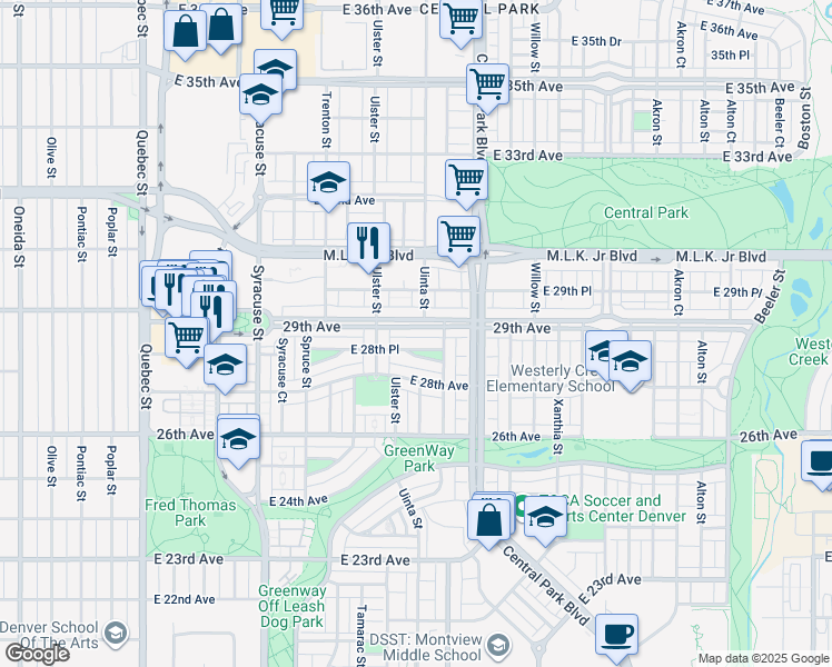 map of restaurants, bars, coffee shops, grocery stores, and more near 8172 East 29th Avenue in Denver