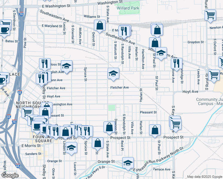 map of restaurants, bars, coffee shops, grocery stores, and more near 1719 Fletcher Avenue in Indianapolis