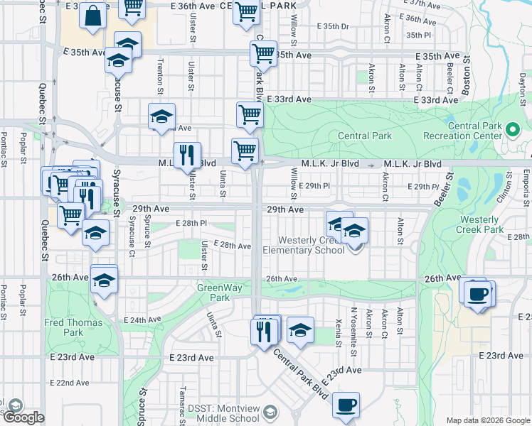 map of restaurants, bars, coffee shops, grocery stores, and more near in Denver