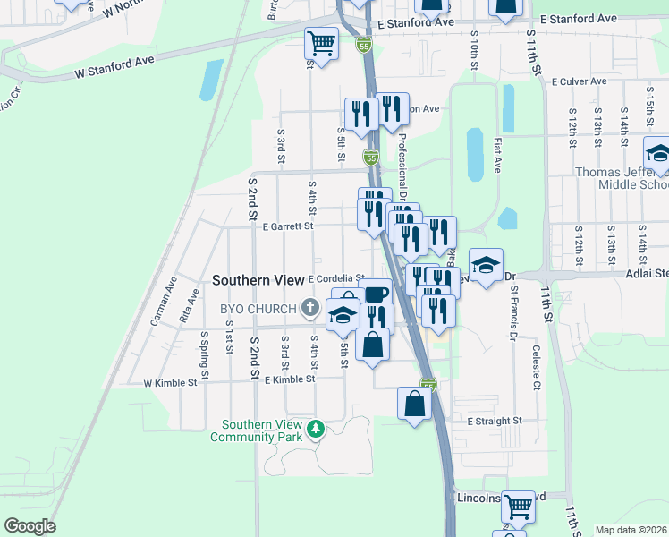map of restaurants, bars, coffee shops, grocery stores, and more near 417 East Cordelia Street in Springfield