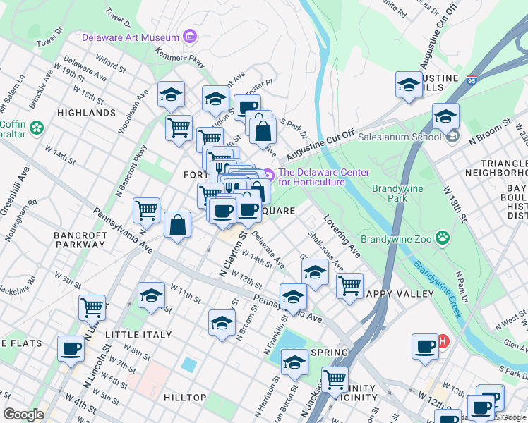 map of restaurants, bars, coffee shops, grocery stores, and more near 2635 North Clayton Street in Wilmington