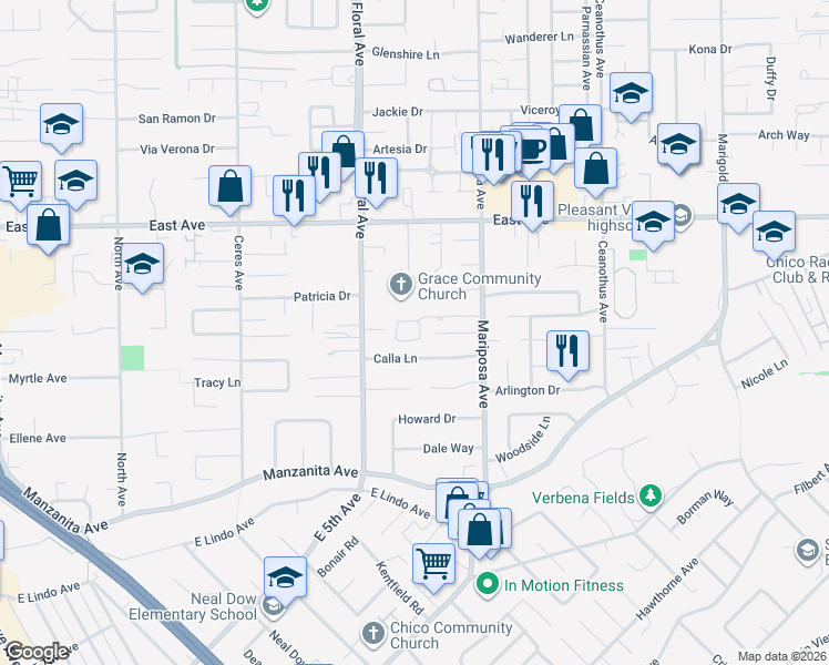 map of restaurants, bars, coffee shops, grocery stores, and more near 1261 Parque Drive in Chico