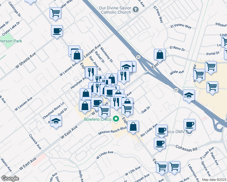 map of restaurants, bars, coffee shops, grocery stores, and more near 2542 Esplanade in Chico