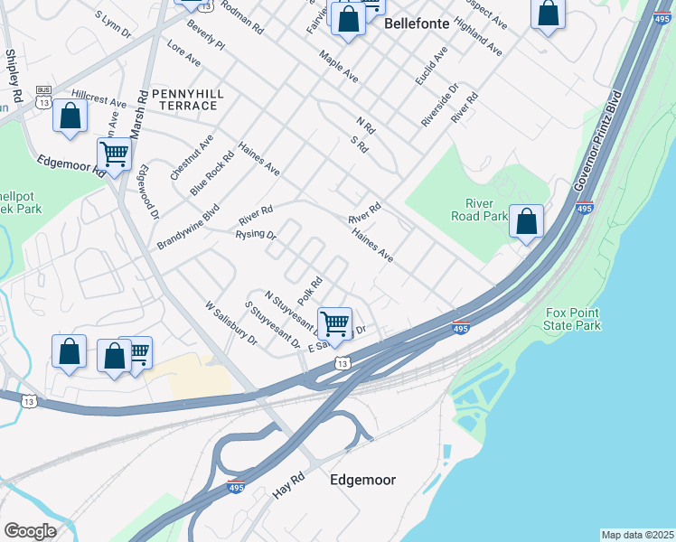 map of restaurants, bars, coffee shops, grocery stores, and more near 44 North Rodney Drive in Wilmington