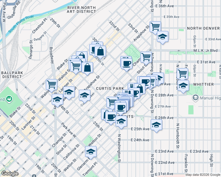 map of restaurants, bars, coffee shops, grocery stores, and more near Champa Street in Denver