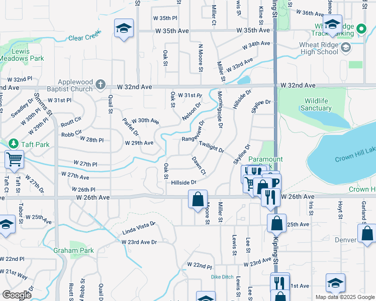map of restaurants, bars, coffee shops, grocery stores, and more near 9 Twilight Drive in Wheat Ridge
