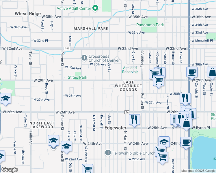 map of restaurants, bars, coffee shops, grocery stores, and more near 2816 Kendall Street in Denver