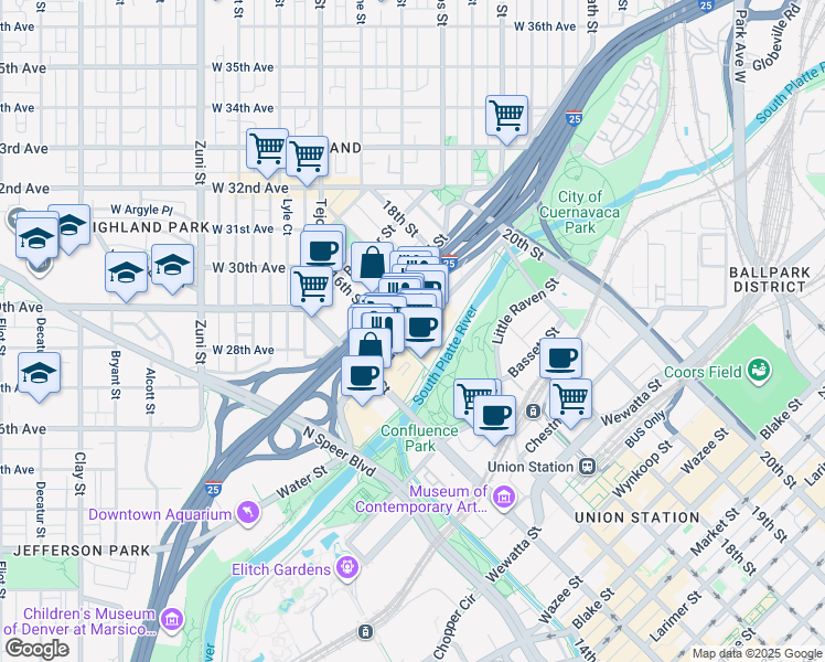 map of restaurants, bars, coffee shops, grocery stores, and more near Platte Street in Denver