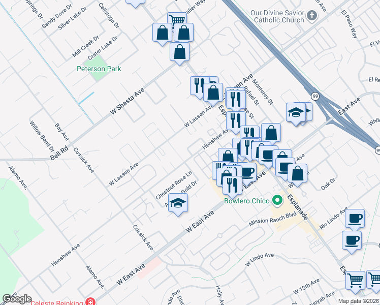 map of restaurants, bars, coffee shops, grocery stores, and more near 2767 Lowell Drive in Chico