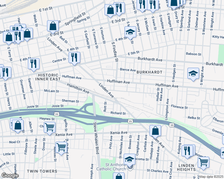 map of restaurants, bars, coffee shops, grocery stores, and more near 413c Linden Avenue in Dayton