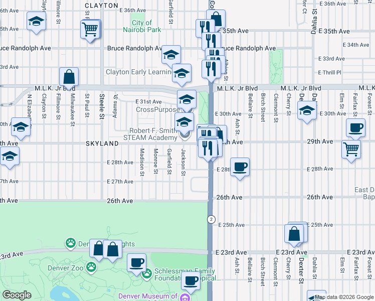 map of restaurants, bars, coffee shops, grocery stores, and more near 2846 Jackson Street in Denver