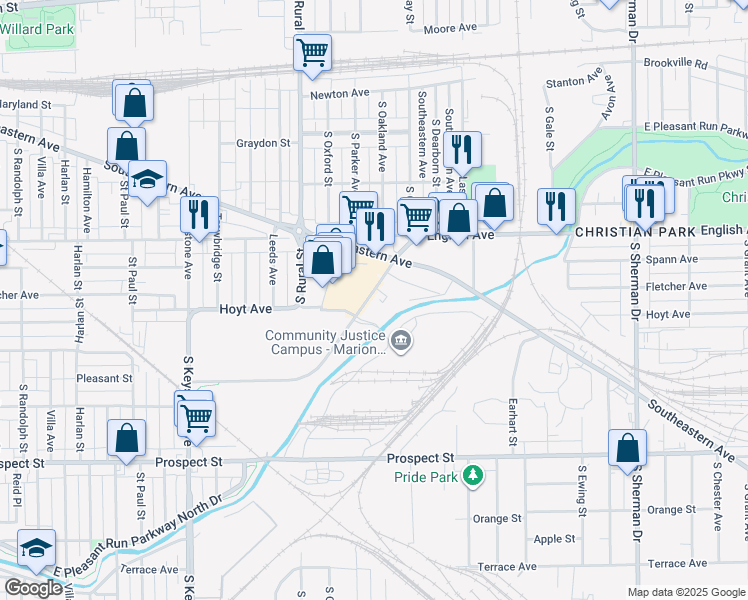 map of restaurants, bars, coffee shops, grocery stores, and more near 2937 East Pleasant Run Parkway North Drive in Indianapolis