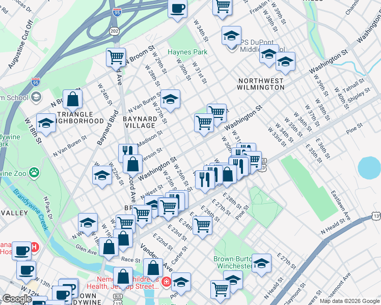 map of restaurants, bars, coffee shops, grocery stores, and more near 2618 Washington Street in Wilmington
