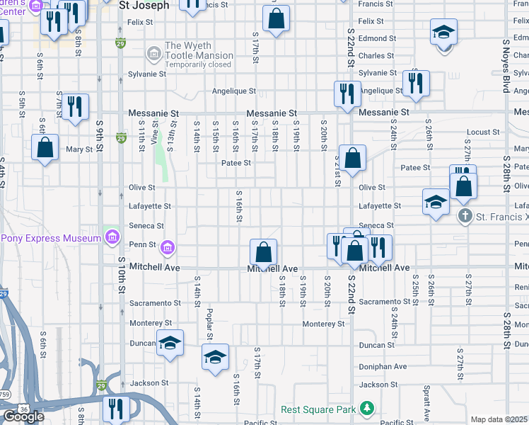 map of restaurants, bars, coffee shops, grocery stores, and more near 1005 South 17th Street in Saint Joseph