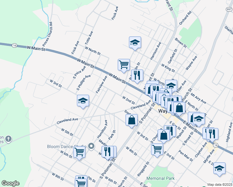 map of restaurants, bars, coffee shops, grocery stores, and more near 284 W 2nd St in Waynesboro