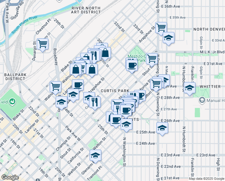 map of restaurants, bars, coffee shops, grocery stores, and more near 2729 Champa Street in Denver