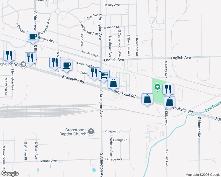 map of restaurants, bars, coffee shops, grocery stores, and more near 6104 South Brookville Road in Indianapolis