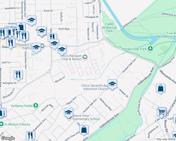 map of restaurants, bars, coffee shops, grocery stores, and more near 1595 Manzanita Avenue in Chico