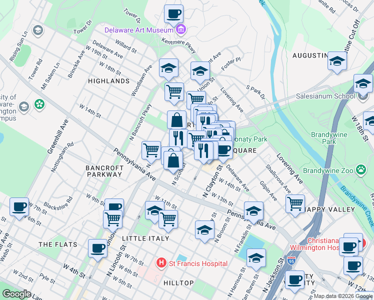map of restaurants, bars, coffee shops, grocery stores, and more near 1701 West 14th Street in Wilmington