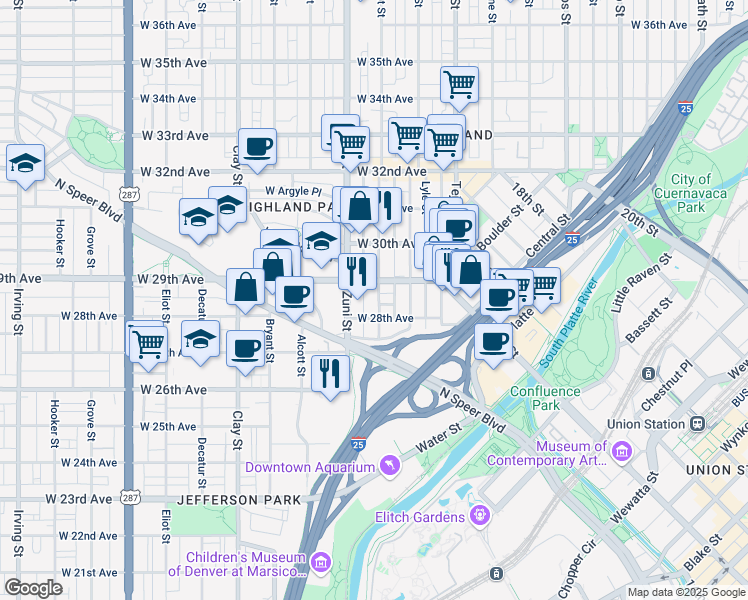 map of restaurants, bars, coffee shops, grocery stores, and more near 2823 Wyandot Street in Denver