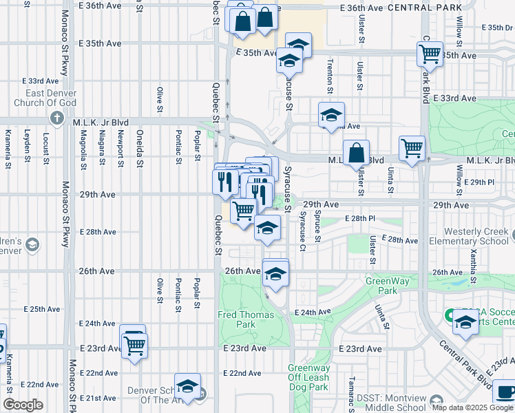 map of restaurants, bars, coffee shops, grocery stores, and more near 7484 East 29th Avenue in Denver