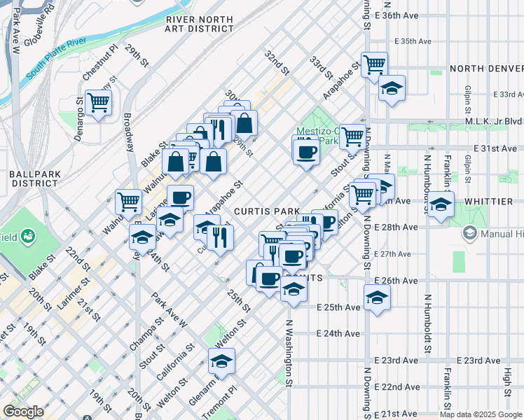 map of restaurants, bars, coffee shops, grocery stores, and more near 2729 Champa Street in Denver