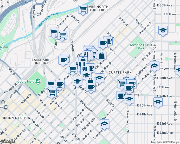 map of restaurants, bars, coffee shops, grocery stores, and more near 2533 Lawrence Street in Denver