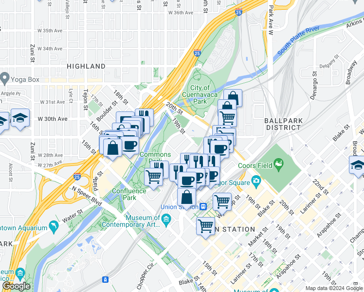 map of restaurants, bars, coffee shops, grocery stores, and more near 1801 Bassett Street in Denver