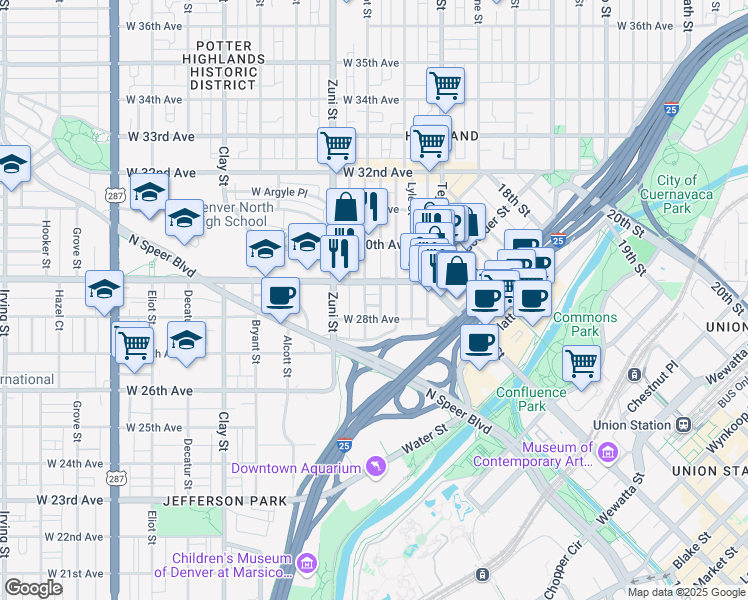 map of restaurants, bars, coffee shops, grocery stores, and more near 2205 West 28th Avenue in Denver