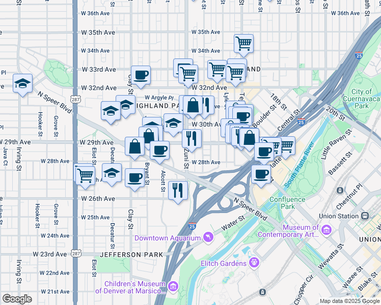 map of restaurants, bars, coffee shops, grocery stores, and more near 2823 Wyandot Street in Denver