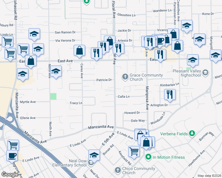 map of restaurants, bars, coffee shops, grocery stores, and more near 19 Redding Court in Chico